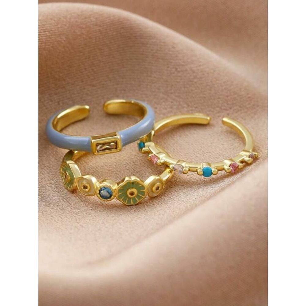 Gold Floral & Blue Accent Stackable Rings - Women Jewelry R 587